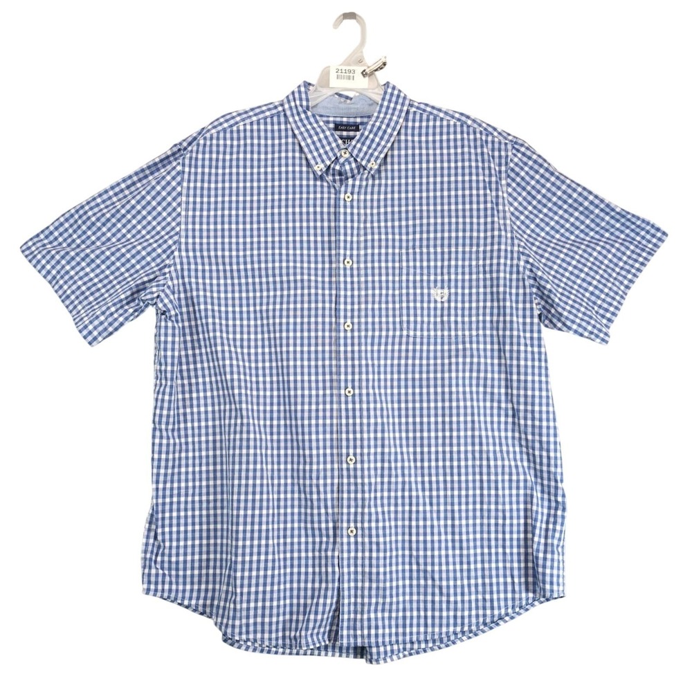 Chaps Blue Gingham Button Down Shirt Men's XXL Short Sleeve Logo Preppy Coastal